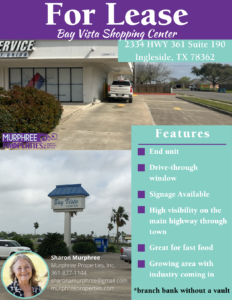 Flyer with address, 2334 HWY 361 Suite 190, Ingleside, and features.