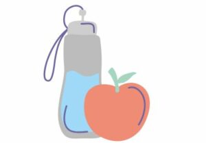 A cartoon image of a bottle of water and an apple.