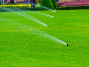 This image shows a sprinkler system with 4 sprinkles watering grass.