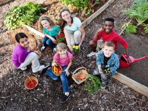 This is an image of of 2 adults and 4 children in a community garden.