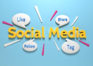 This is an image of the word social media with the words like, share. follow and tag around it.