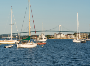 This is an image of sailboats in the bay of Newport, RI.